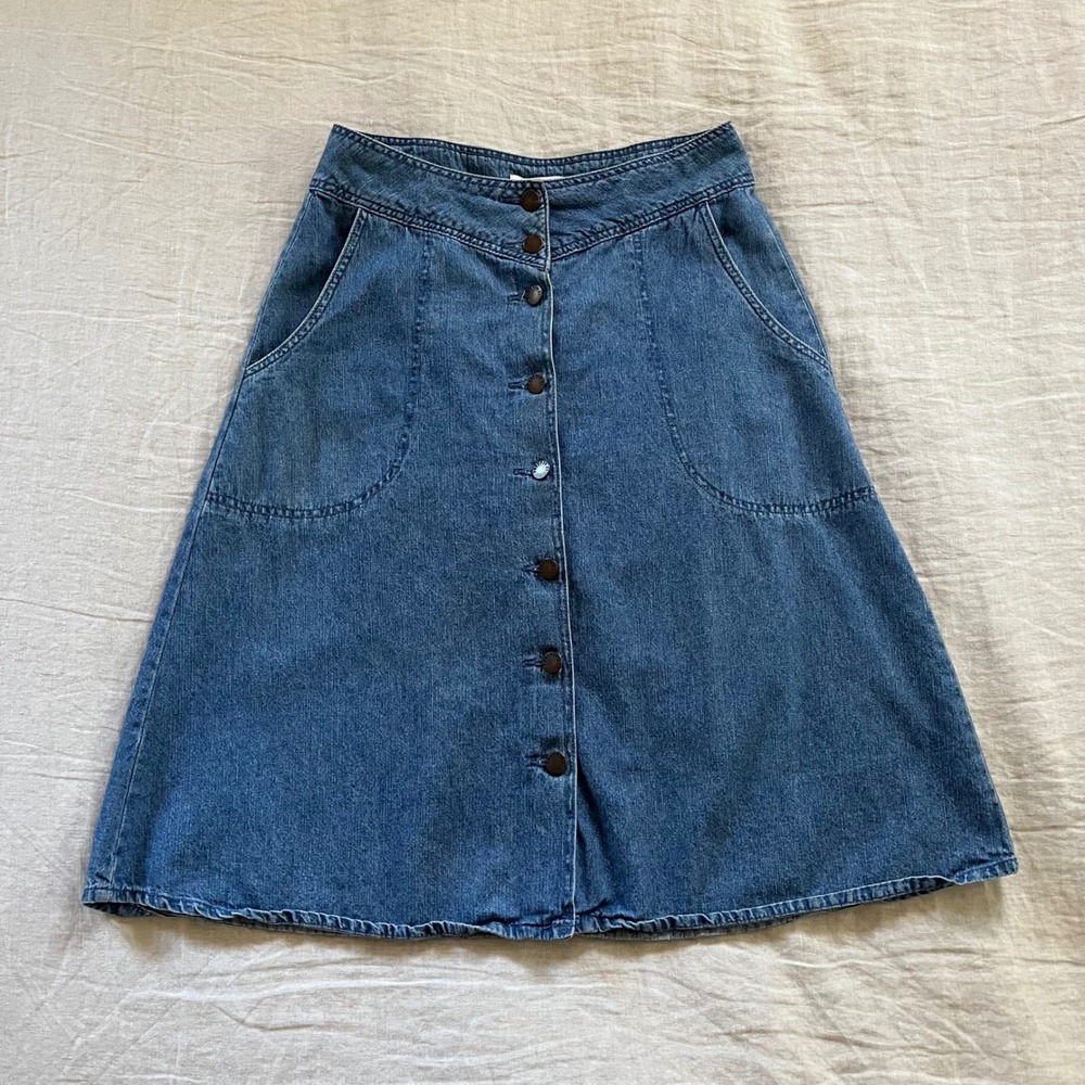 Vintage Blue Denim A-Line Button-Front Skirt